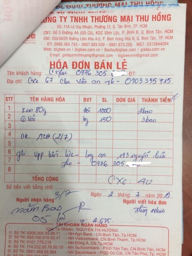 BigBee đi giao Bao tay kem 80g và vải lau cho Công Ty Văn phòng phẩm Bến Lức, 193 Nguyễn Hữu Thọ, Long An